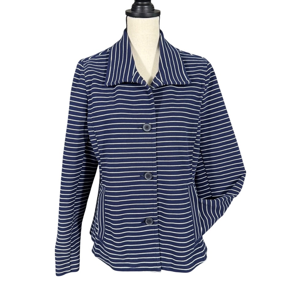 Talbots Womens Navy White Striped Knit Button Front Jacket Blazer Size L